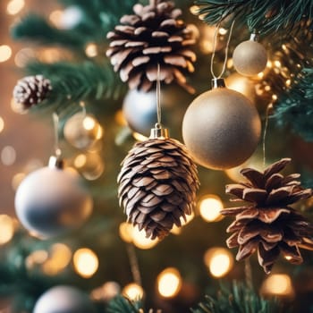 Close-UP of Christmas Tree, Red and Golden Ornaments against a Defocused Lights Background