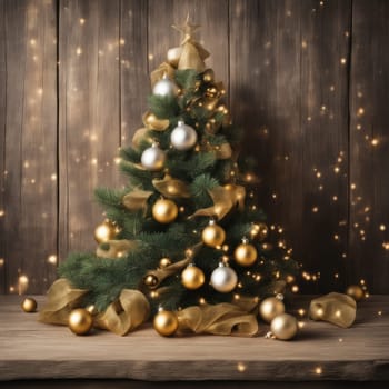 Close-UP of Christmas Tree, Red and Golden Ornaments against a Defocused Lights Background