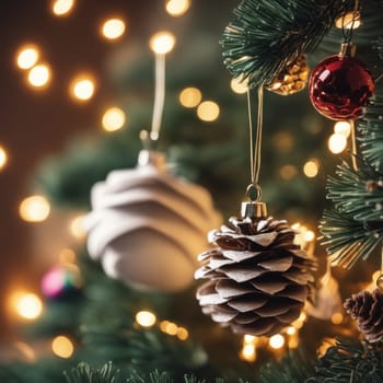 Close-UP of Christmas Tree, Red and Golden Ornaments against a Defocused Lights Background