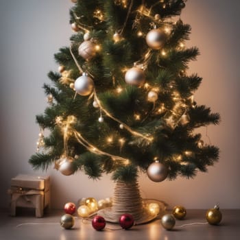 Close-UP of Christmas Tree, Red and Golden Ornaments against a Defocused Lights Background