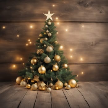 Close-UP of Christmas Tree, Red and Golden Ornaments against a Defocused Lights Background