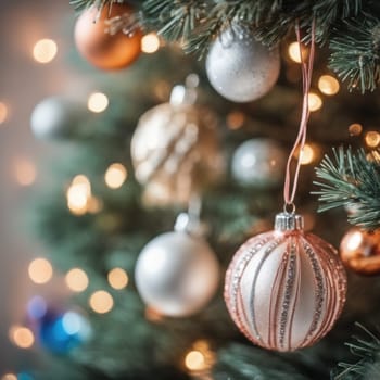 Close-UP of Christmas Tree, Red and Golden Ornaments against a Defocused Lights Background