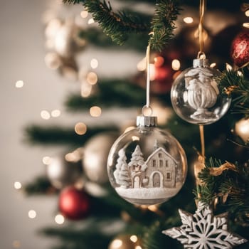 Close-UP of Christmas Tree, Red and Golden Ornaments against a Defocused Lights Background