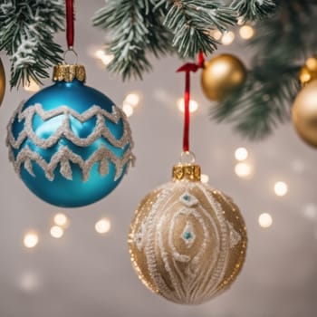 Close-UP of Christmas Tree, Red and Golden Ornaments against a Defocused Lights Background