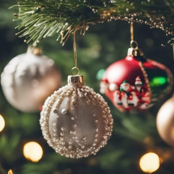 Close-UP of Christmas Tree, Red and Golden Ornaments against a Defocused Lights Background