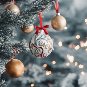 Close-UP of Christmas Tree, Red and Golden Ornaments against a Defocused Lights Background