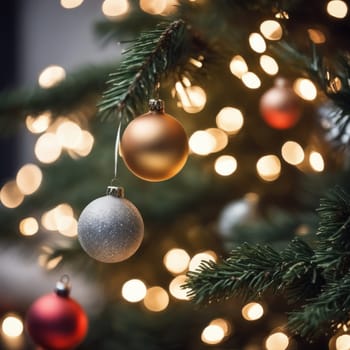 Close-UP of Christmas Tree, Red and Golden Ornaments against a Defocused Lights Background