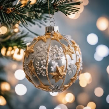 Close-UP of Christmas Tree, Red and Golden Ornaments against a Defocused Lights Background