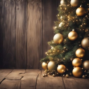 Close-UP of Christmas Tree, Red and Golden Ornaments against a Defocused Lights Background