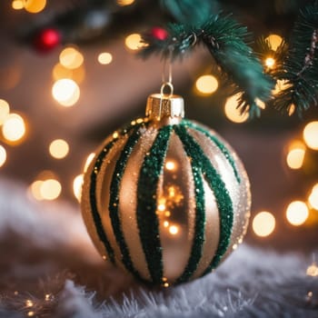 Close-UP of Christmas Tree, Red and Golden Ornaments against a Defocused Lights Background