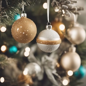 Close-UP of Christmas Tree, Red and Golden Ornaments against a Defocused Lights Background