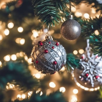 Close-UP of Christmas Tree, Red and Golden Ornaments against a Defocused Lights Background