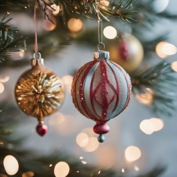 Close-UP of Christmas Tree, Red and Golden Ornaments against a Defocused Lights Background