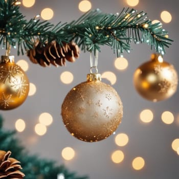 Close-UP of Christmas Tree, Red and Golden Ornaments against a Defocused Lights Background