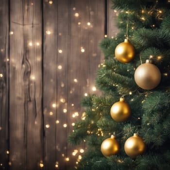 Close-UP of Christmas Tree, Red and Golden Ornaments against a Defocused Lights Background