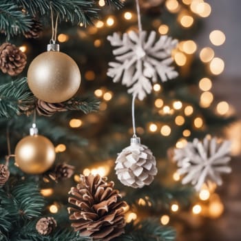 Close-UP of Christmas Tree, Red and Golden Ornaments against a Defocused Lights Background