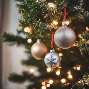 Close-UP of Christmas Tree, Red and Golden Ornaments against a Defocused Lights Background