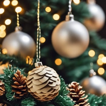 Close-UP of Christmas Tree, Red and Golden Ornaments against a Defocused Lights Background