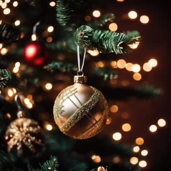 Close-UP of Christmas Tree, Red and Golden Ornaments against a Defocused Lights Background