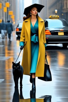 Vibrant classy lady, wearing black winter coat and high heels, umbrella hat, walking with a adult black feline, 5th avenue, manhattan, stormy, raining season, 3d render, illustration, ai art generated