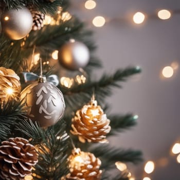 Close-UP of Christmas Tree, Red and Golden Ornaments against a Defocused Lights Background