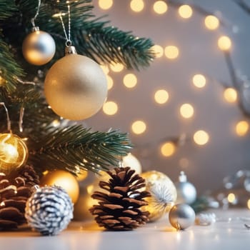 Close-UP of Christmas Tree, Red and Golden Ornaments against a Defocused Lights Background