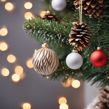 Close-UP of Christmas Tree, Red and Golden Ornaments against a Defocused Lights Background