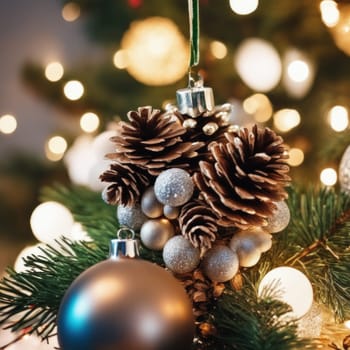 Close-UP of Christmas Tree, Red and Golden Ornaments against a Defocused Lights Background