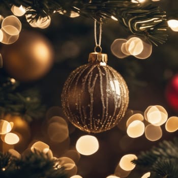 Close-UP of Christmas Tree, Red and Golden Ornaments against a Defocused Lights Background