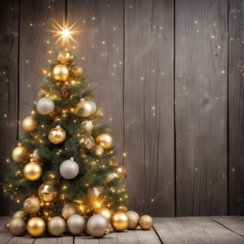 Close-UP of Christmas Tree, Red and Golden Ornaments against a Defocused Lights Background