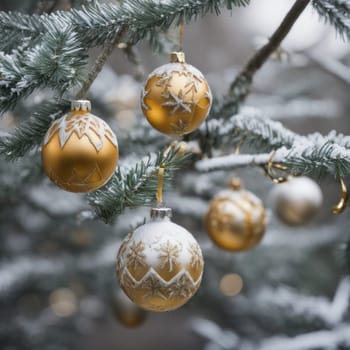 Close-UP of Christmas Tree, Red and Golden Ornaments against a Defocused Lights Background