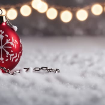 Red colored christmas decorations ornaments on snow  with space for text