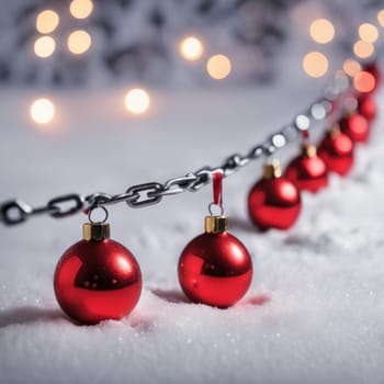 Red colored christmas decorations ornaments on snow  with space for text