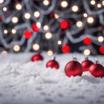 Red colored christmas decorations ornaments on snow  with space for text