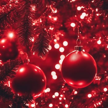 Close-UP of Christmas Tree, Red and Golden Ornaments against a Defocused Lights Background