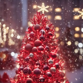 Close-UP of Christmas Tree, Red and Golden Ornaments against a Defocused Lights Background