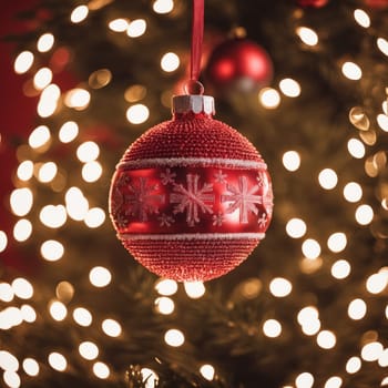 Close-UP of Christmas Tree, Red and Golden Ornaments against a Defocused Lights Background