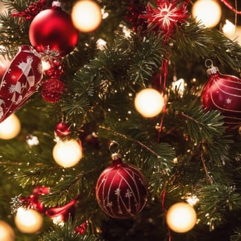 Close-UP of Christmas Tree, Red and Golden Ornaments against a Defocused Lights Background