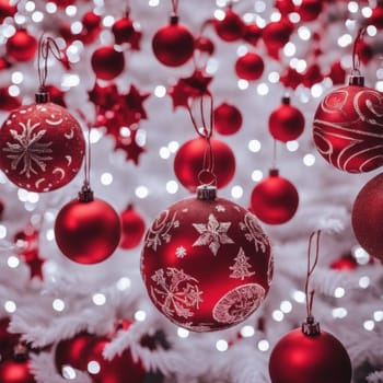 Close-UP of Christmas Tree, Red and Golden Ornaments against a Defocused Lights Background