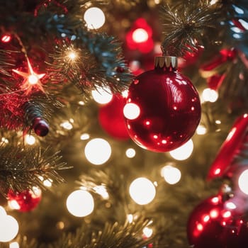 Close-UP of Christmas Tree, Red and Golden Ornaments against a Defocused Lights Background