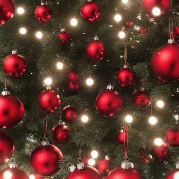 Close-UP of Christmas Tree, Red and Golden Ornaments against a Defocused Lights Background