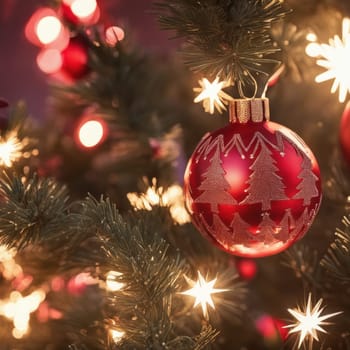 Close-UP of Christmas Tree, Red and Golden Ornaments against a Defocused Lights Background