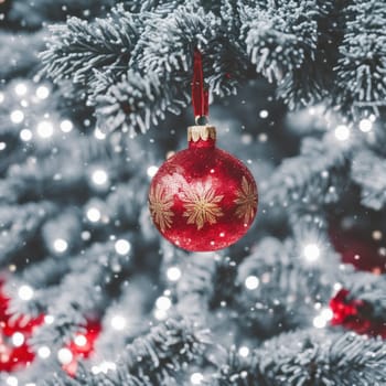 Close-UP of Christmas Tree, Red and Golden Ornaments against a Defocused Lights Background