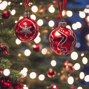 Close-UP of Christmas Tree, Red and Golden Ornaments against a Defocused Lights Background