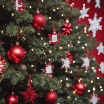 Close-UP of Christmas Tree, Red and Golden Ornaments against a Defocused Lights Background