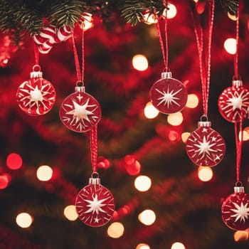 Close-UP of Christmas Tree, Red and Golden Ornaments against a Defocused Lights Background