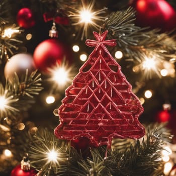 Close-UP of Christmas Tree, Red and Golden Ornaments against a Defocused Lights Background