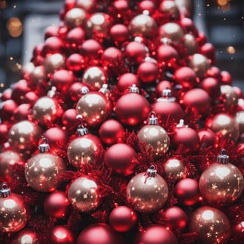 Close-UP of Christmas Tree, Red and Golden Ornaments against a Defocused Lights Background