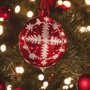 Close-UP of Christmas Tree, Red and Golden Ornaments against a Defocused Lights Background