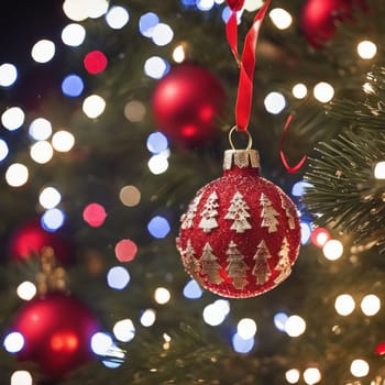 Close-UP of Christmas Tree, Red and Golden Ornaments against a Defocused Lights Background